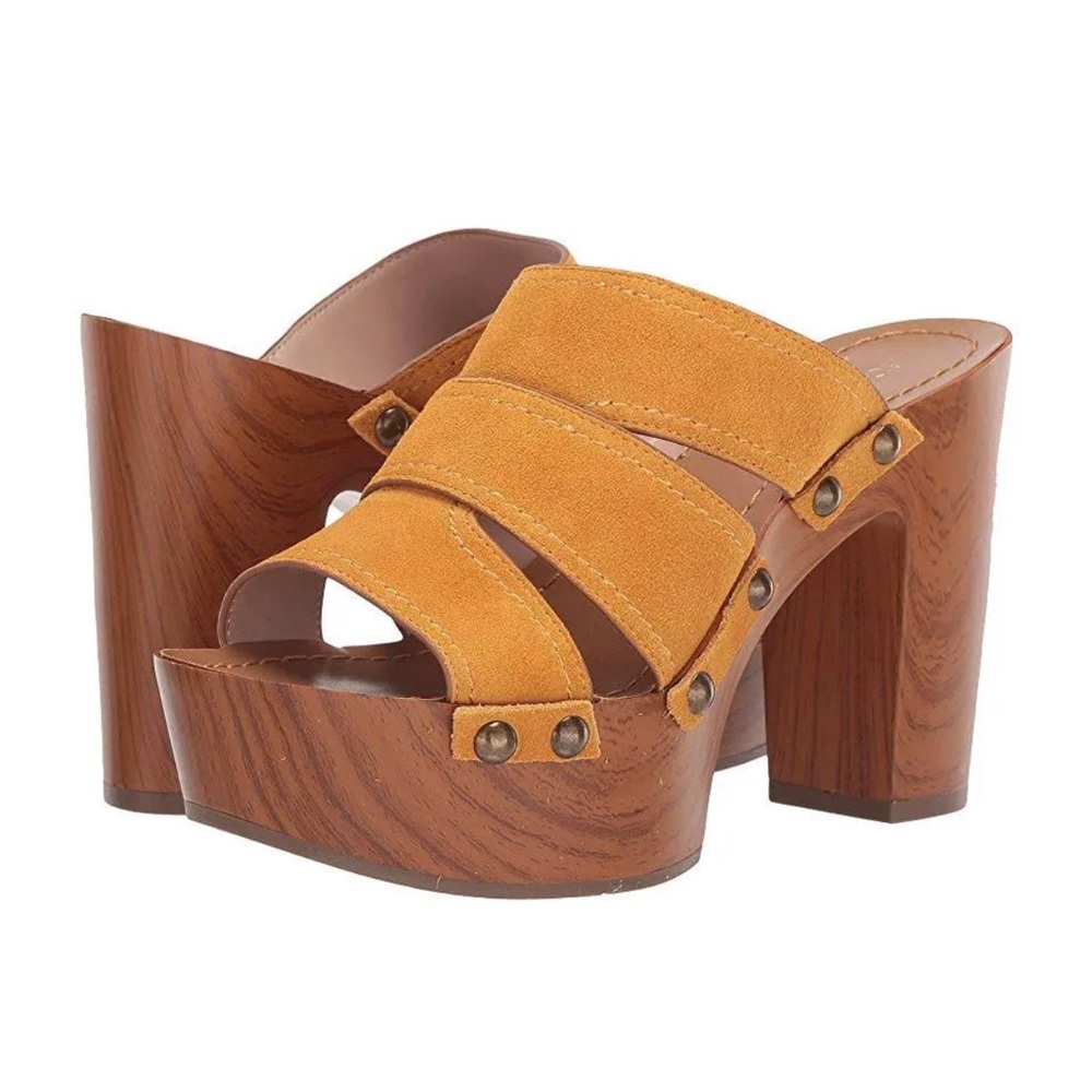 BCBGeneration Brand Zadie New Mustard Suede Chunky Heeled Sandal